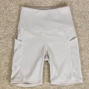 Move Theology Ribbed Biker Shorts Women XS Taupe Side Pockets High Rise Yoga Gym